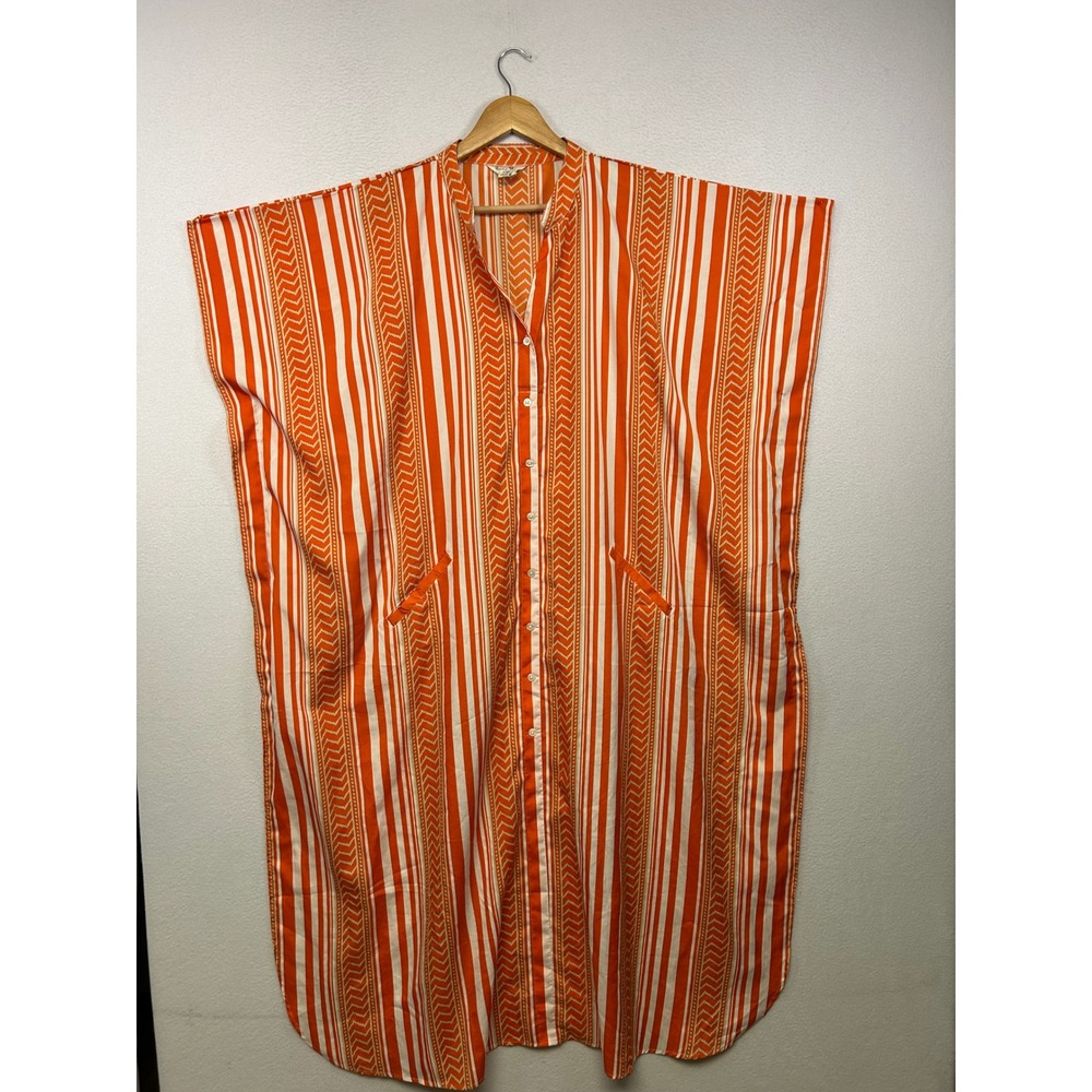 Boho Festival Gypsie Blu Women OS Orange Geometric Stripe Button Up Kaftan Dress